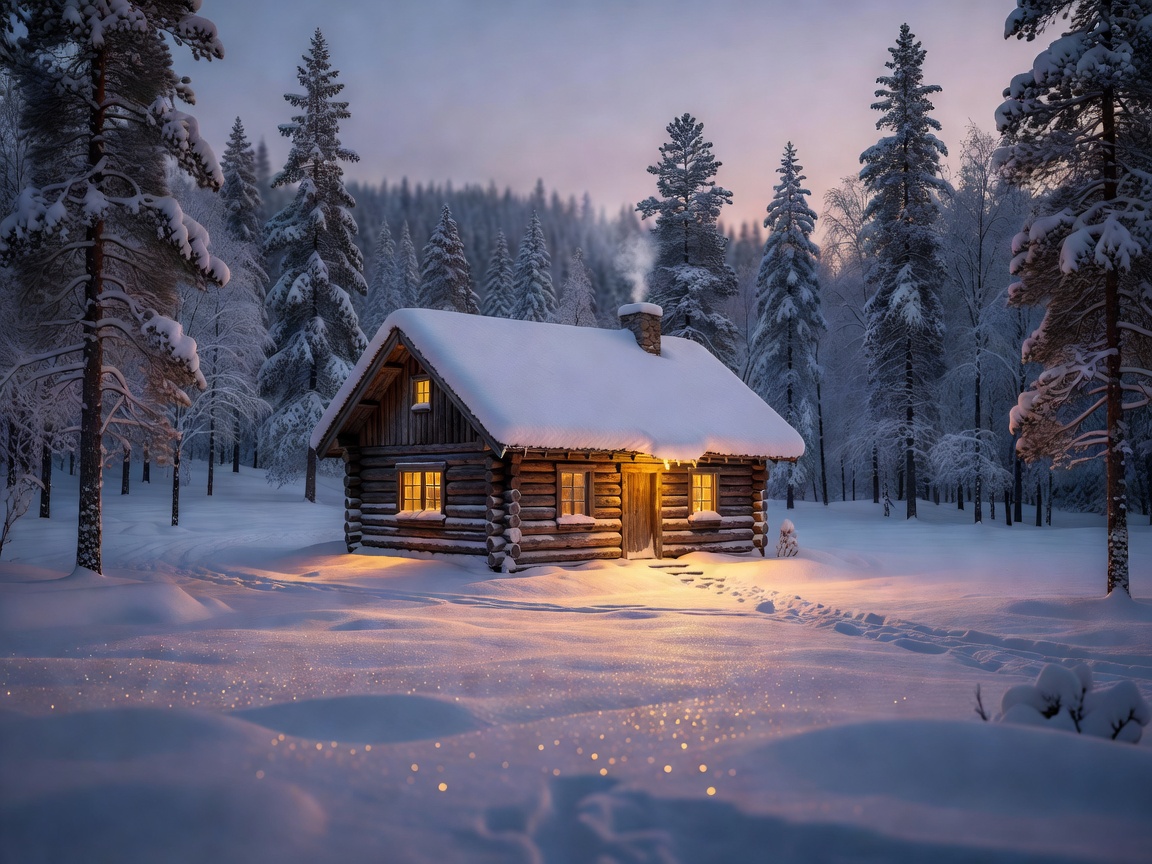 Beautiful wooden winter cabin background reflecting warm yellow candlelight and cozy holiday decorations in a snow-covered forest under a starry night sky